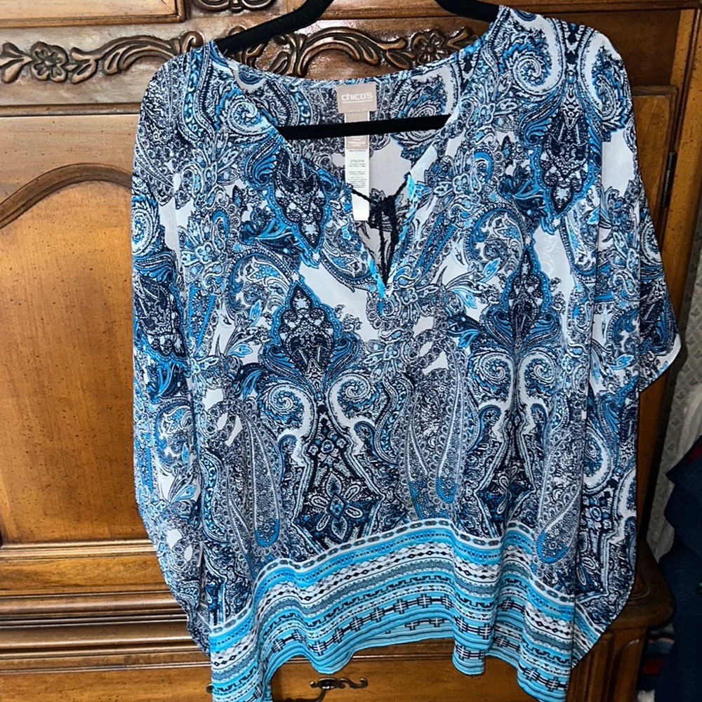 Chico's Blue and White  silk-like poncho style top